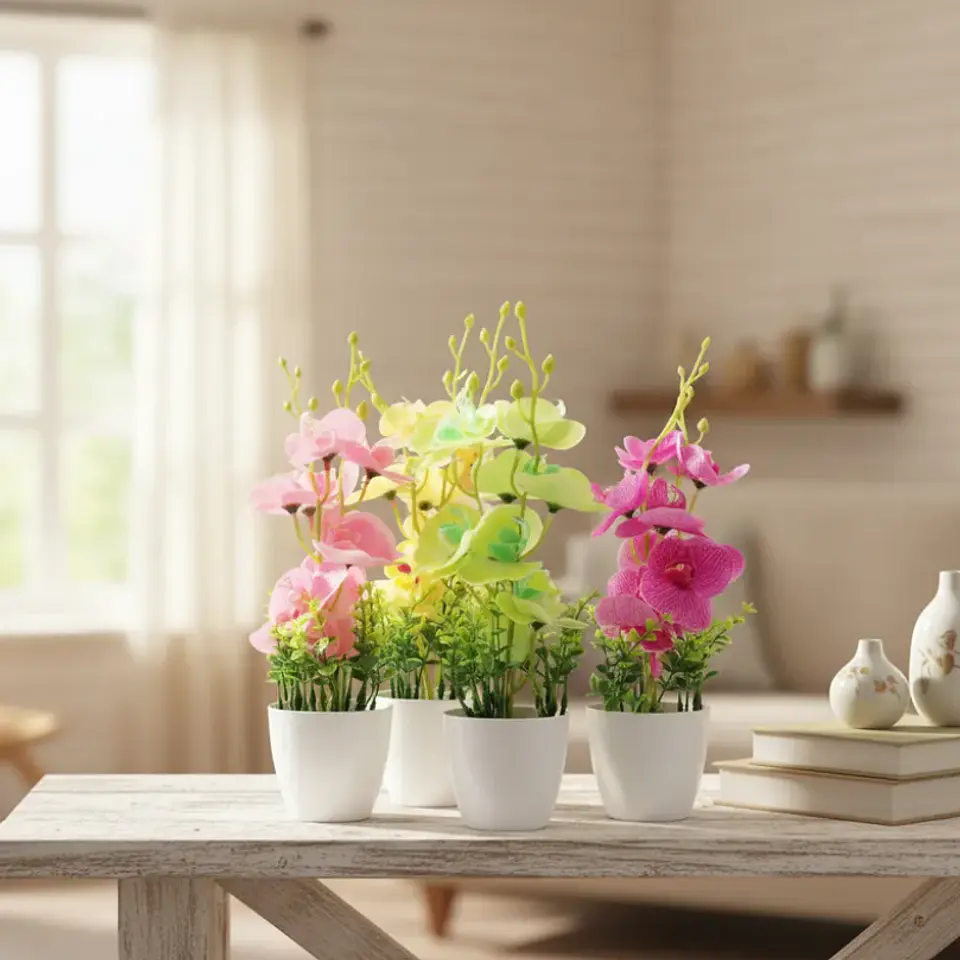 Planta Orquídea Artificial Decorativa Con Macetero Blanco 7