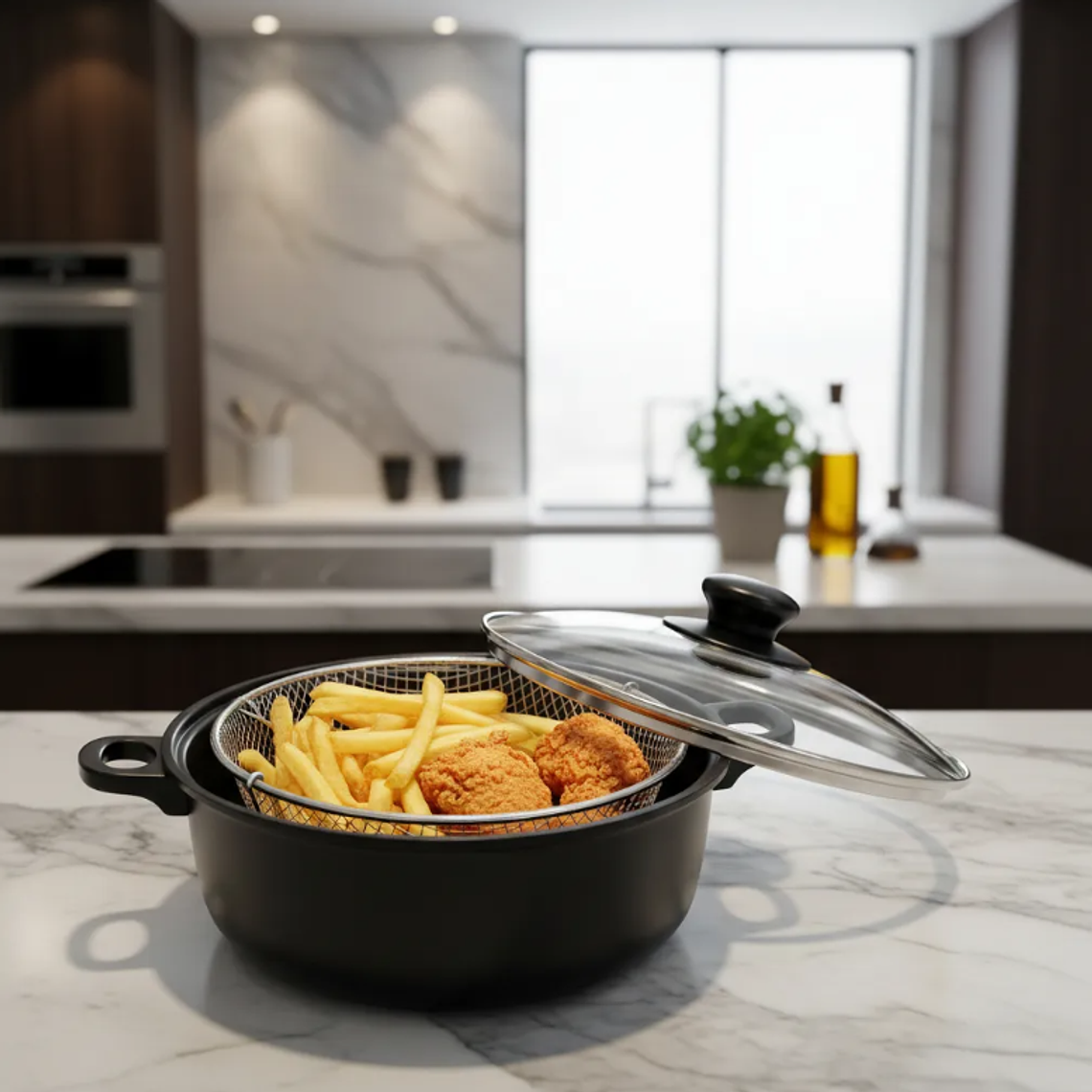 Olla Freidora Con Canastillo Escurridor Y Tapa Antiadherente 1
