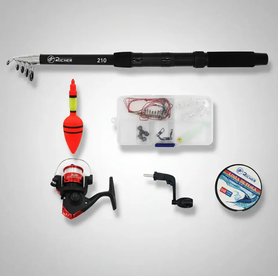 Kit De Pesca Caña Telescópica 2.1m Con Carrete Y Accesorios 6