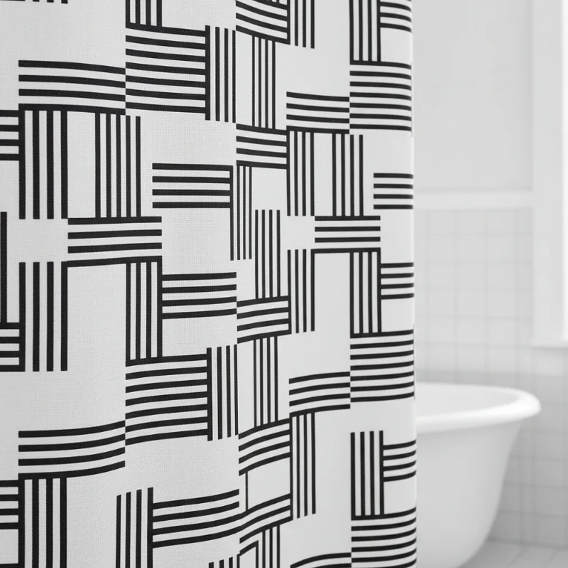 Cortina de baño geométrica blanco y negro 180x180cm 2