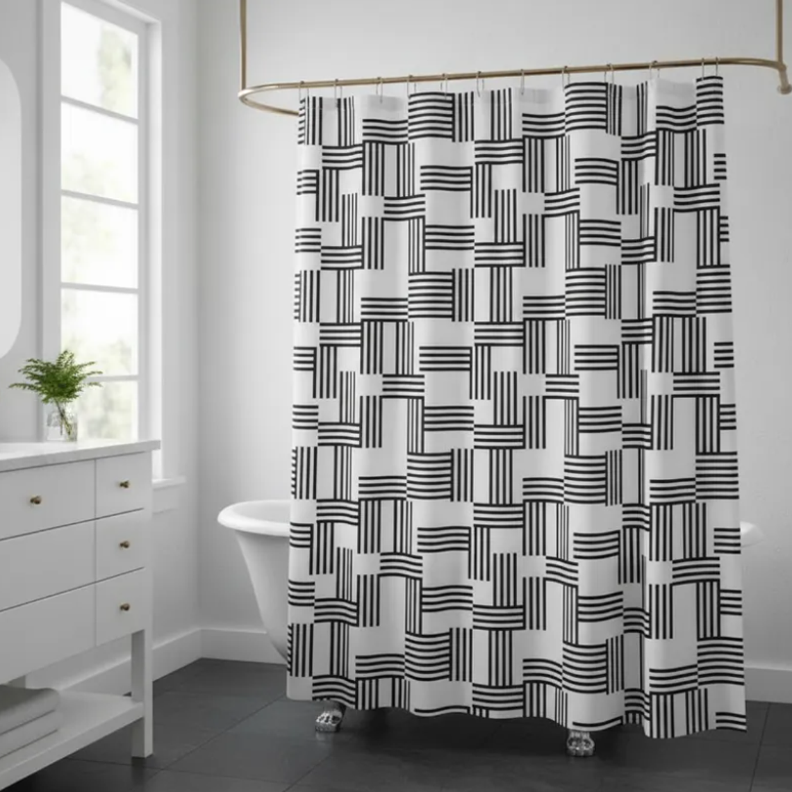 Cortina de baño geométrica blanco y negro 180x180cm 1