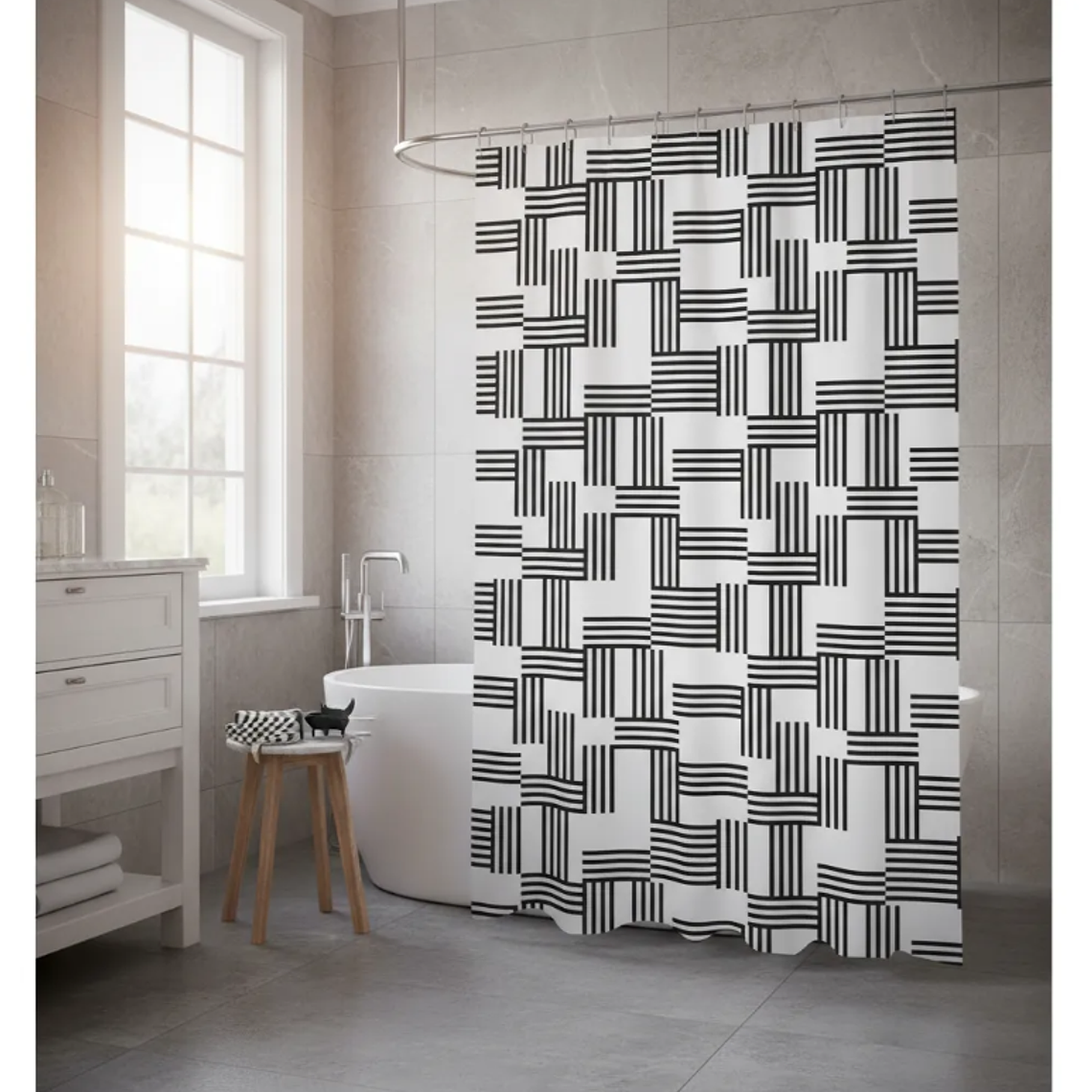 Cortina de baño geométrica blanco y negro 180x180cm 5