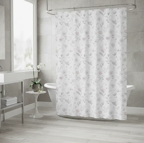 Cortina De Baño Tela Diseño Floral Rosa Y Gris 180x180cm