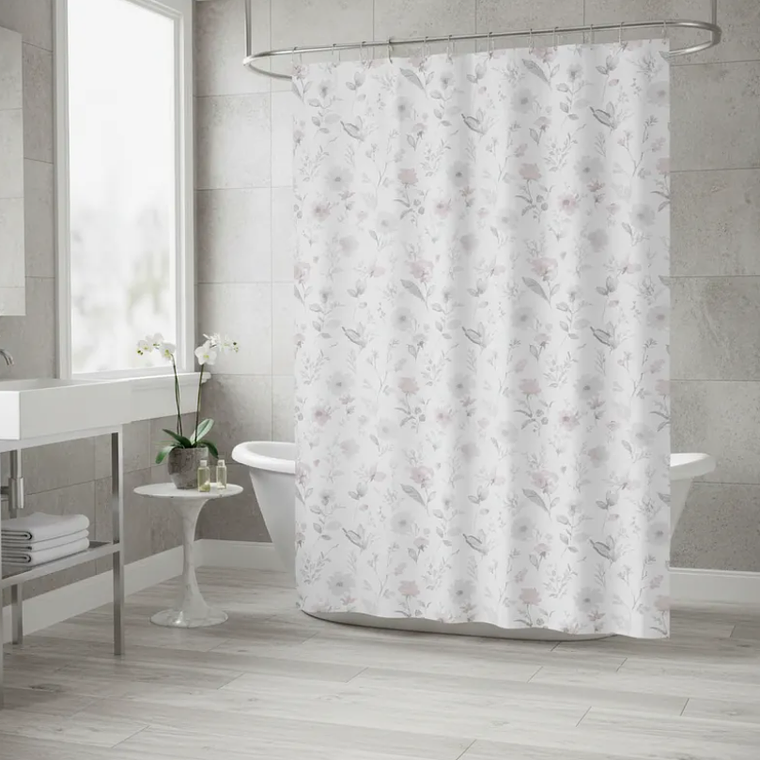 Cortina De Baño Tela Diseño Floral Rosa Y Gris 180x180cm 1