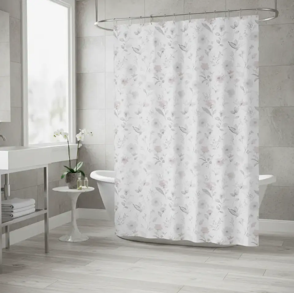 Cortina De Baño Tela Diseño Floral Rosa Y Gris 180x180cm 1