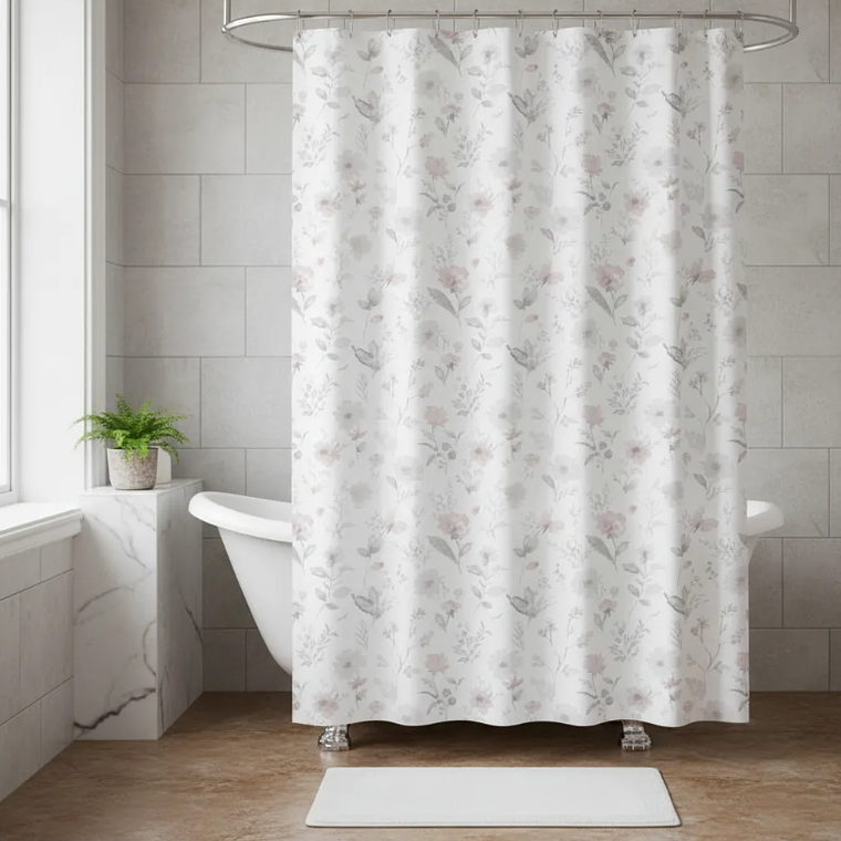 Cortina De Baño Tela Diseño Floral Rosa Y Gris 180x180cm 3