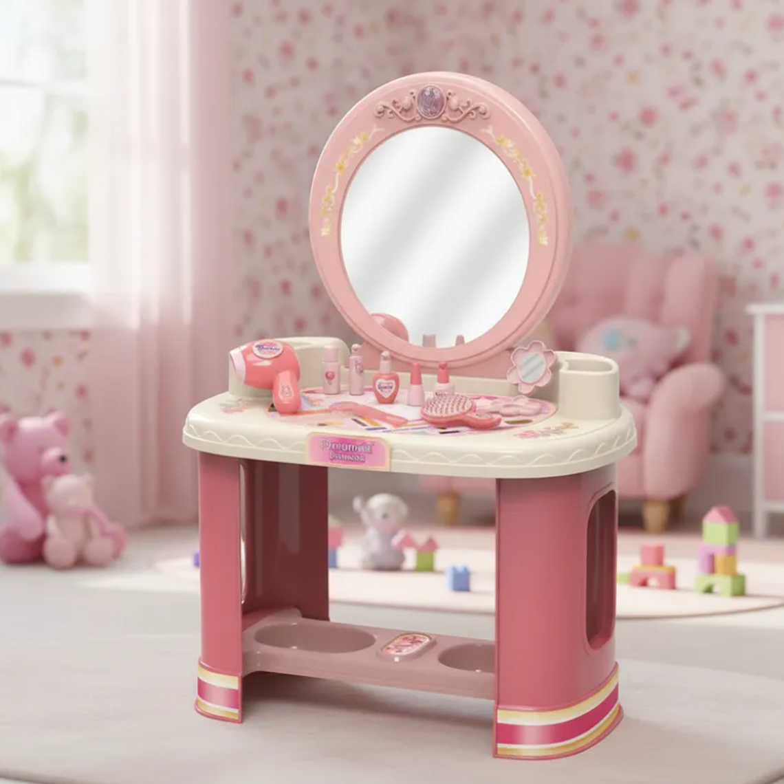 Tocador De Juguete Para Niñas Con Espejo Y Accesorios Rosado 1