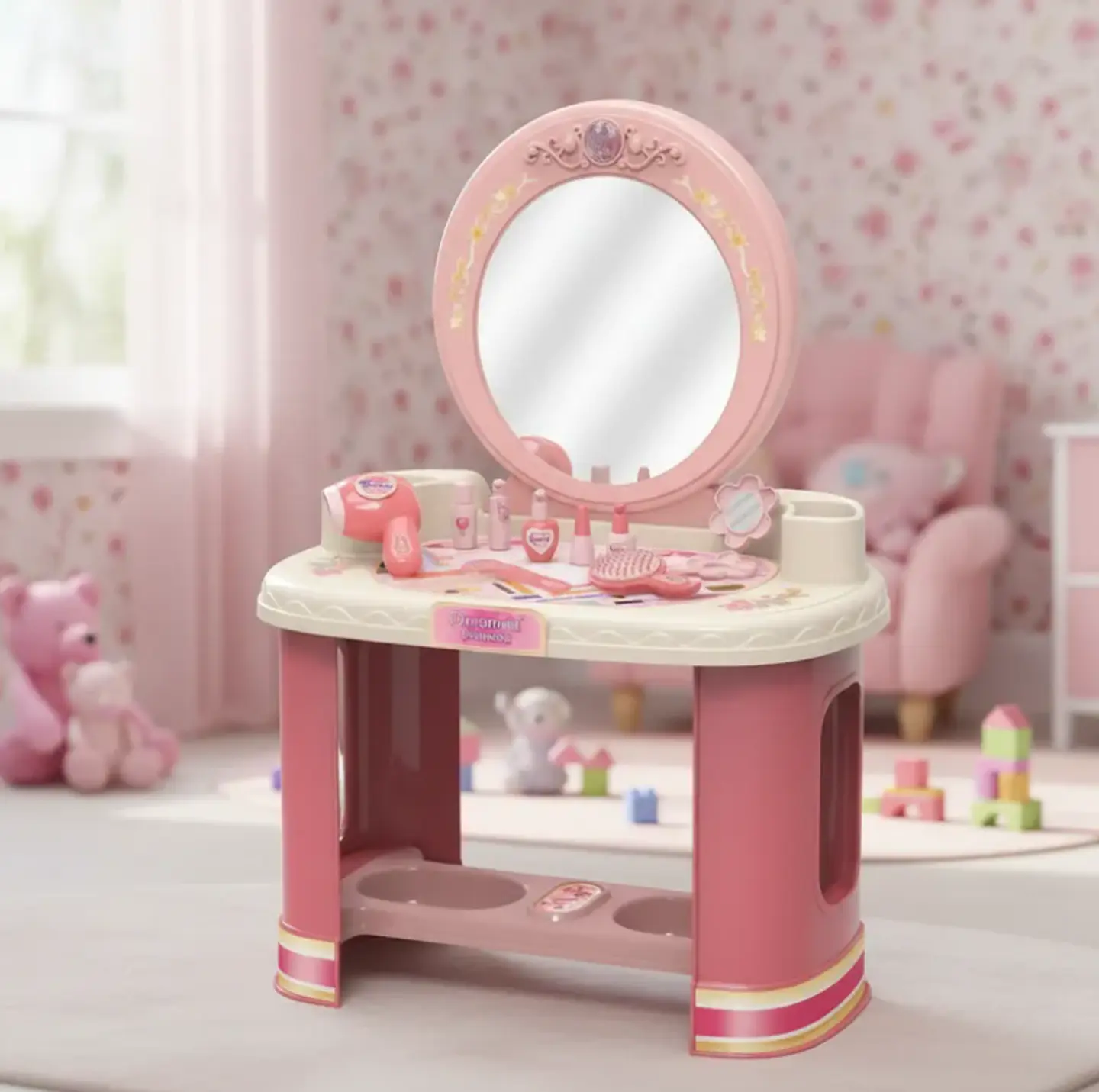 Tocador De Juguete Para Niñas Con Espejo Y Accesorios Rosado 1