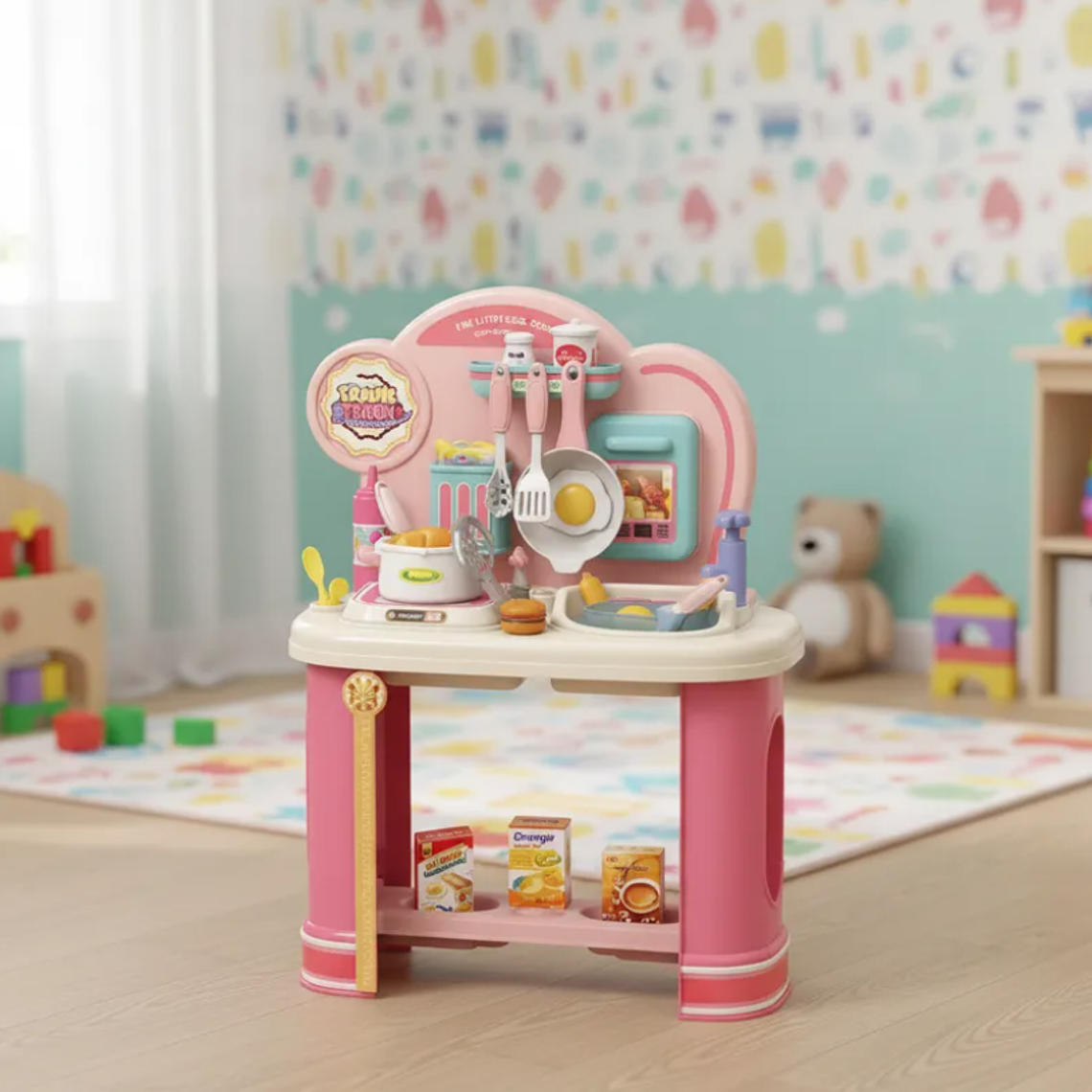 Cocinita De Juguete Infantil Rosada Con Accesorios Para Niñas 1