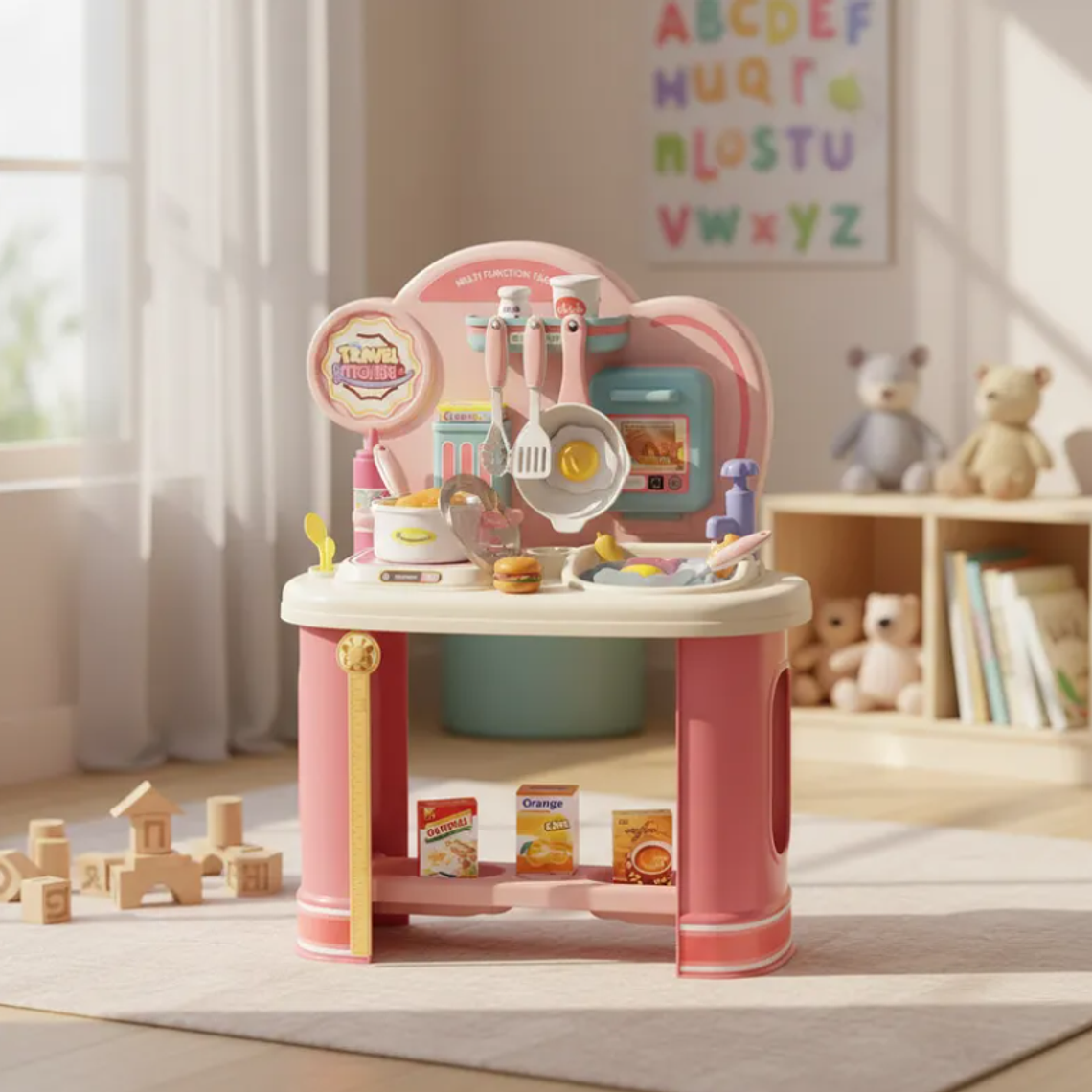 Cocinita De Juguete Infantil Rosada Con Accesorios Para Niñas 7