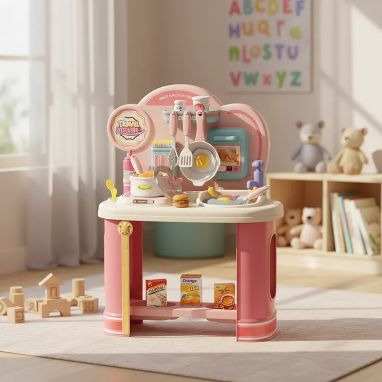 Cocinita De Juguete Infantil Rosada Con Accesorios Para Niñas 7