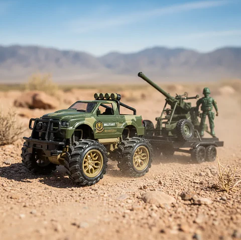 Set Juguete Camioneta Militar Con Cañón Y Soldado 42cm