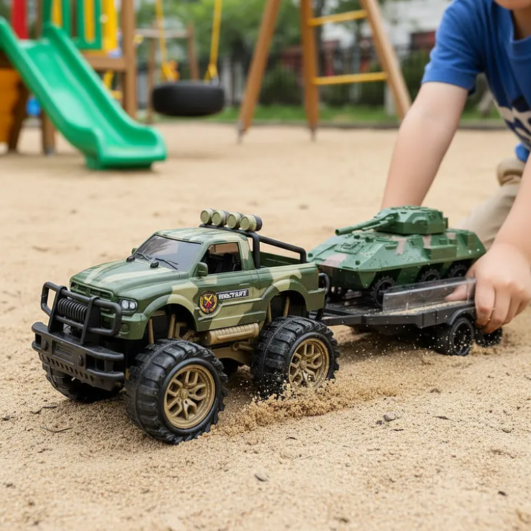 Set Juguete Camioneta Militar Con Tanque Y Remolque 45cm 1