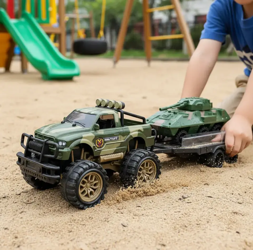 Set Juguete Camioneta Militar Con Tanque Y Remolque 45cm 1