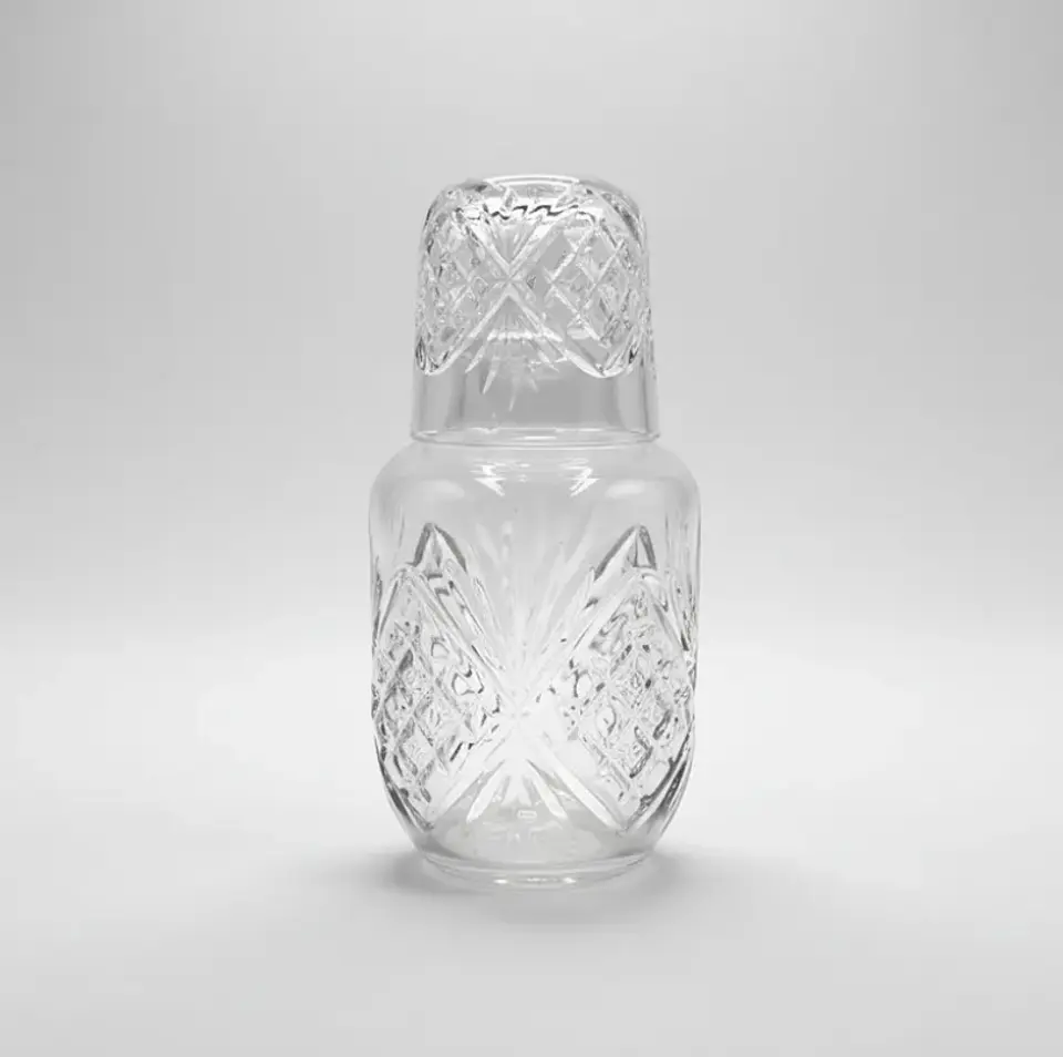 Jarra Con Vaso De Vidrio Para Velador Diseño Tallado 3