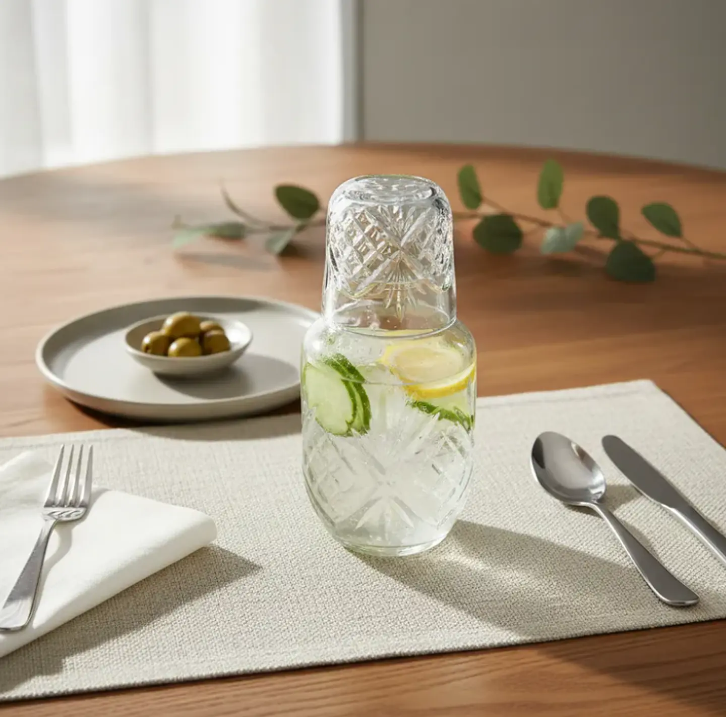 Jarra Con Vaso De Vidrio Para Velador Diseño Tallado 1