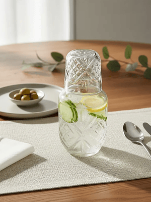 Jarra Con Vaso De Vidrio Para Velador Diseño Tallado