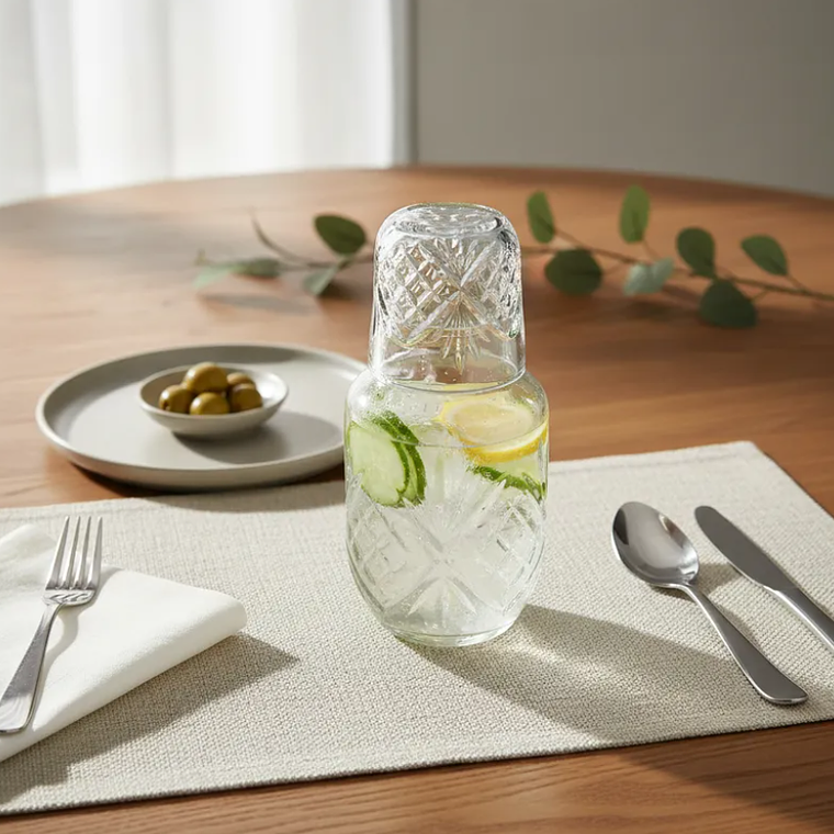 Jarra Con Vaso De Vidrio Para Velador Diseño Tallado 1