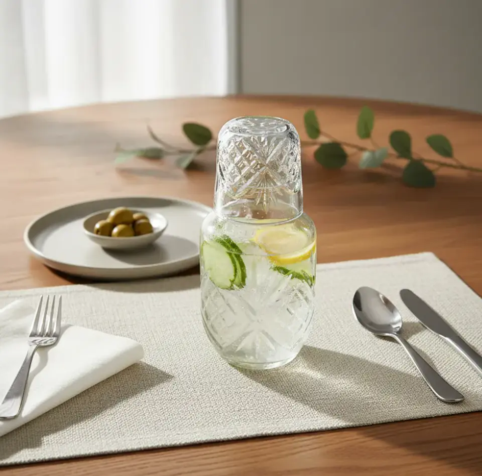Jarra Con Vaso De Vidrio Para Velador Diseño Tallado 1