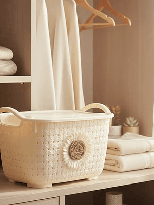 Cesta organizadora plástica con tapa y asas girasol