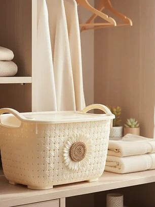 Cesta organizadora plástica con tapa y asas girasol