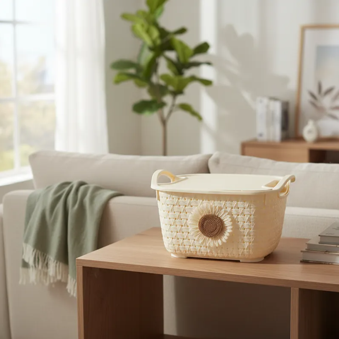 Cesta organizadora plástica con tapa y asas girasol 2