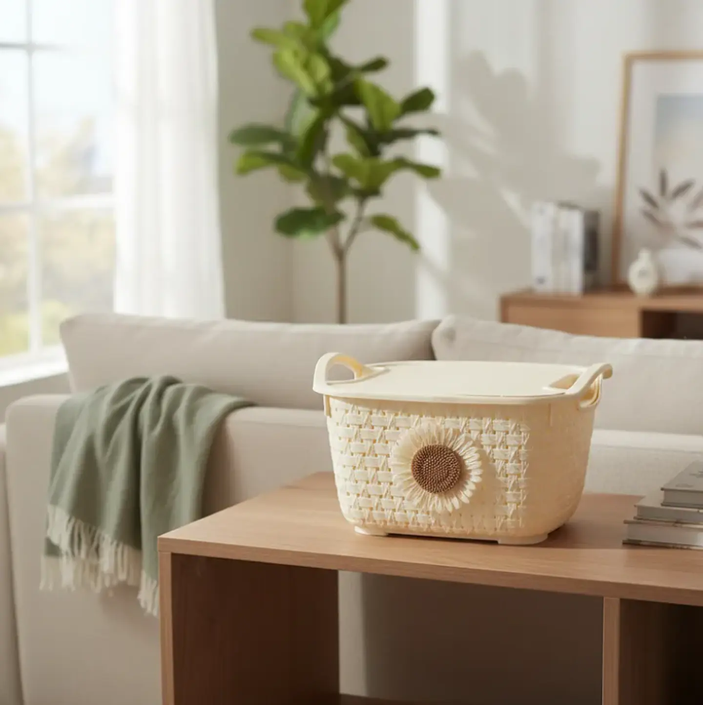 Cesta organizadora plástica con tapa y asas girasol 2
