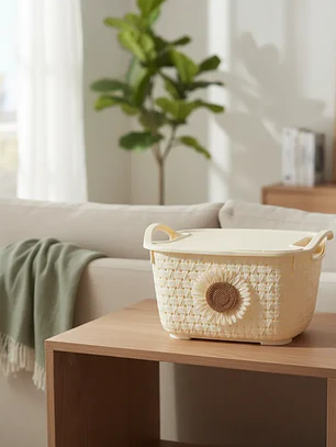 Cesta organizadora plástica con tapa y asas girasol