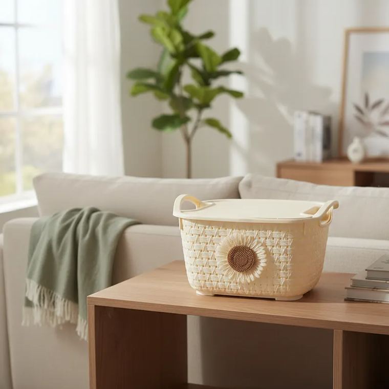 Cesta organizadora plástica con tapa y asas girasol 2