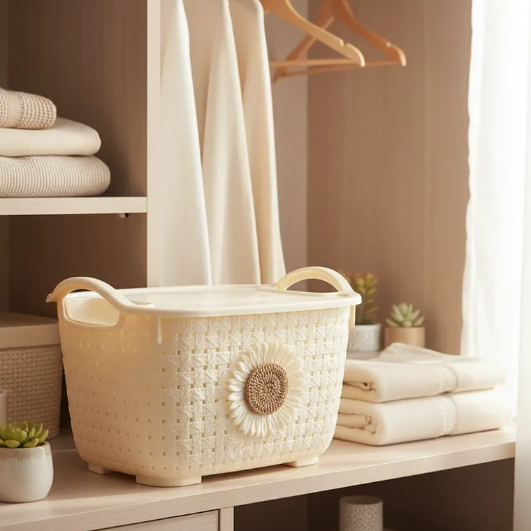 Canasto Organizador Con Tapa Y Asas Diseño Tejido 25x18x14cm 2