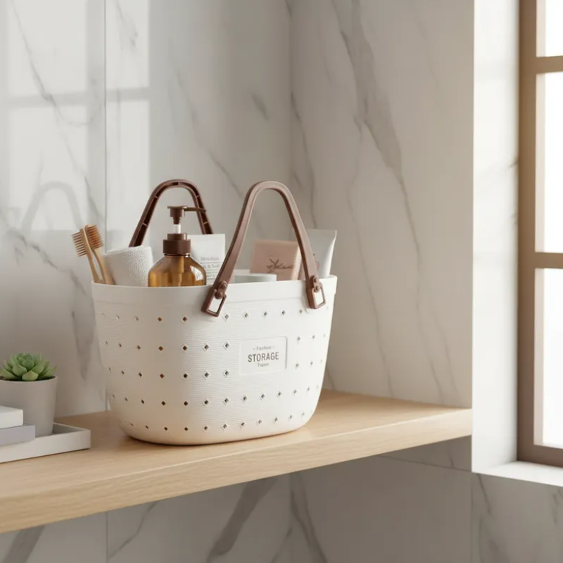 Canasto Organizador Plástico Gris blanco Con Asas 34x19x22cm 1