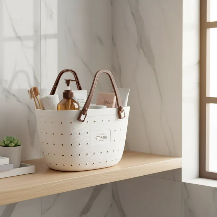 Canasto Organizador Plástico Gris blanco Con Asas 34x19x22cm 1