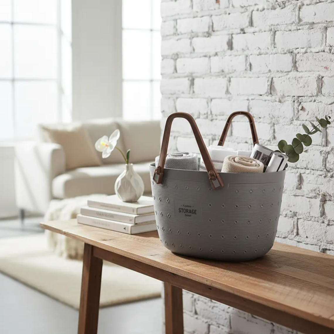 Canasto Organizador Plástico Gris blanco Con Asas 34x19x22cm 2