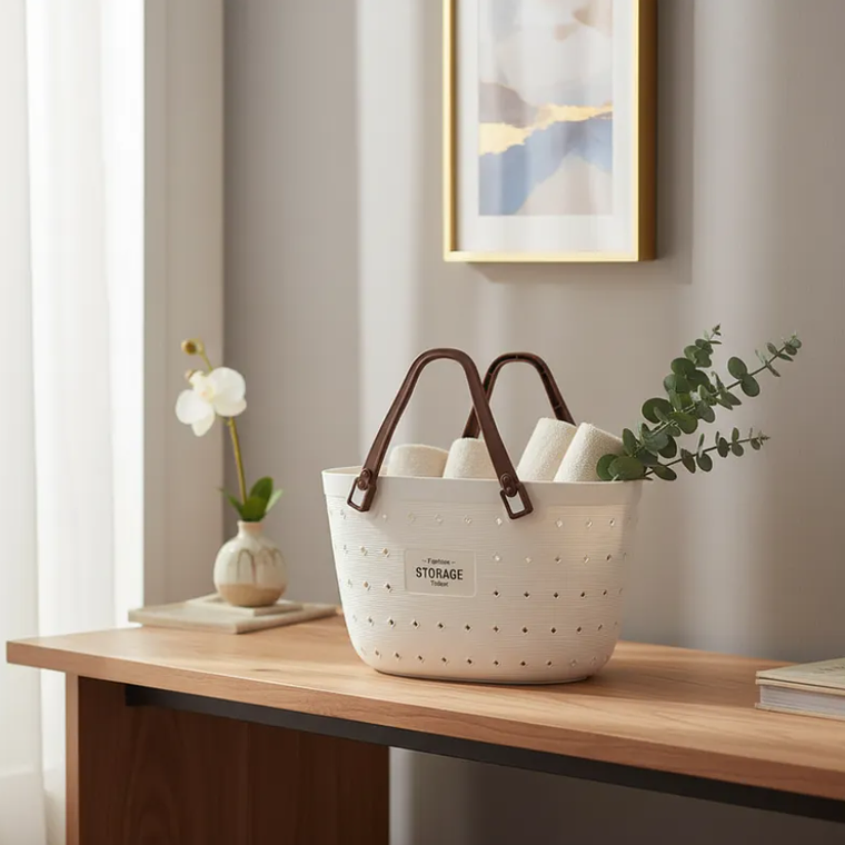 Canasto Organizador Plástico Gris blanco Con Asas 34x19x22cm 5