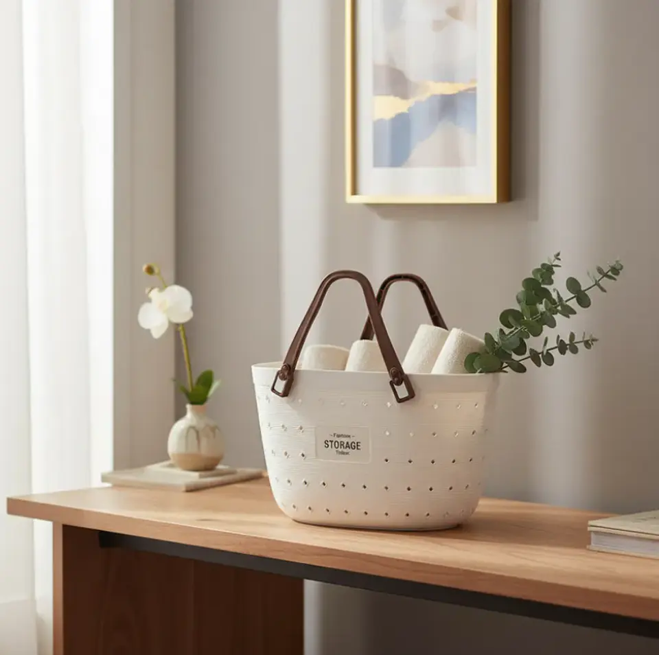Canasto Organizador Plástico Gris blanco Con Asas 34x19x22cm 5