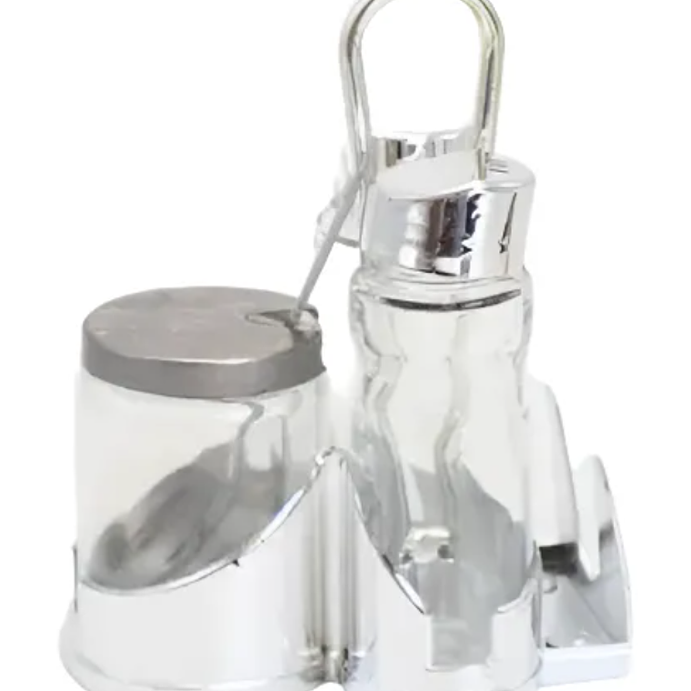 Set de alcuza de acero inoxidable y vidrio para mesa.  5