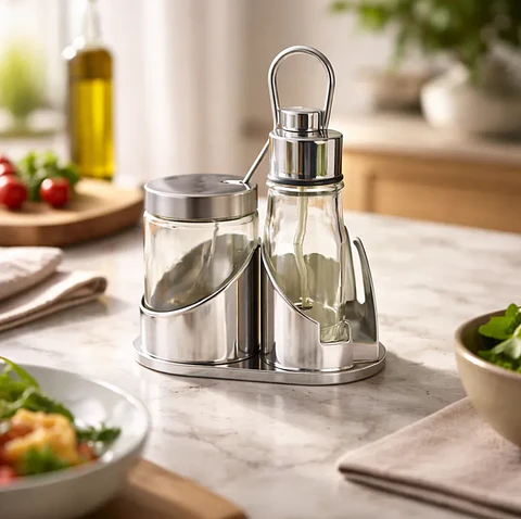 Set de alcuza de acero inoxidable y vidrio para mesa. 