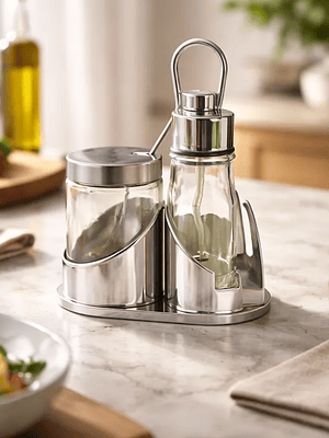 Set de alcuza de acero inoxidable y vidrio para mesa. 