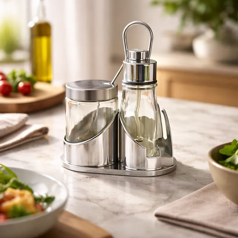 Set de alcuza de acero inoxidable y vidrio para mesa.  1