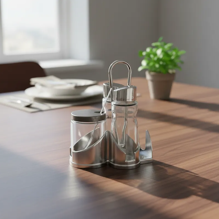 Set de alcuza de acero inoxidable y vidrio para mesa.  4