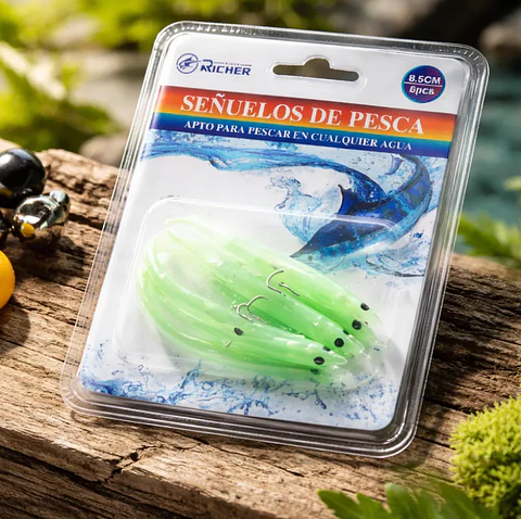 Set 6 Señuelos De Pesca Pulpo Luminoso 8.5cm Con Anzuelo