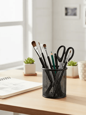 Portalápices Metálico Malla Redondo Negro Para Escritorio