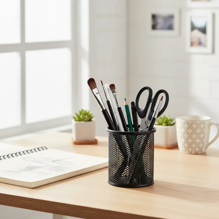 Portalápices Metálico Malla Redondo Negro Para Escritorio 1