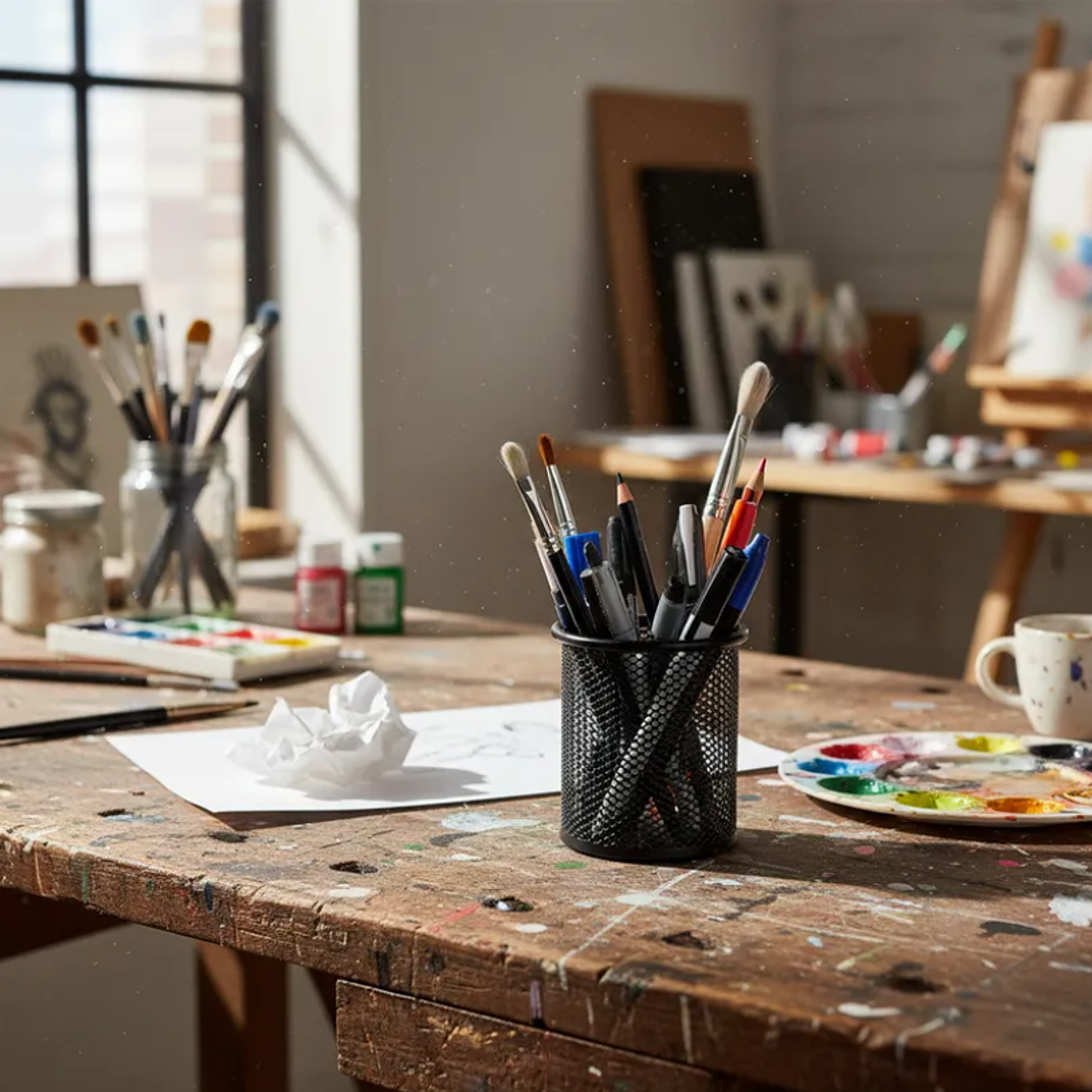 Portalápices Metálico Malla Redondo Negro Para Escritorio 2