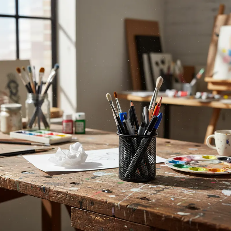 Portalápices Metálico Malla Redondo Negro Para Escritorio 2