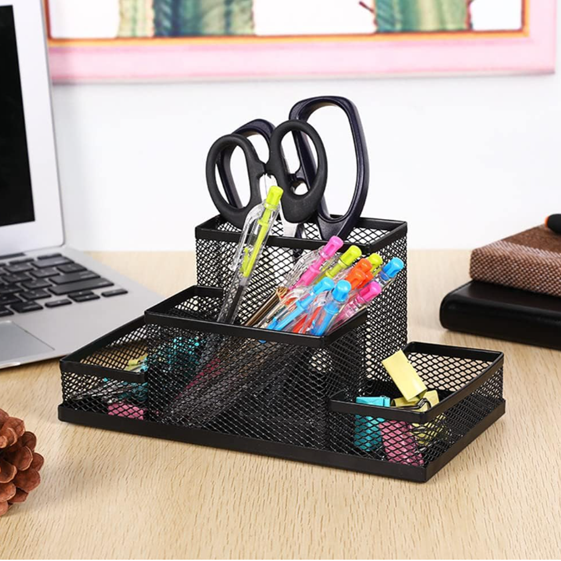 Organizador De Escritorio Metálico Malla Negra Portalápices 1