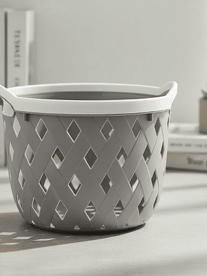 Cesto Canasto Plástico Redondo Tejido Gris 24x29.5cm Con Asas