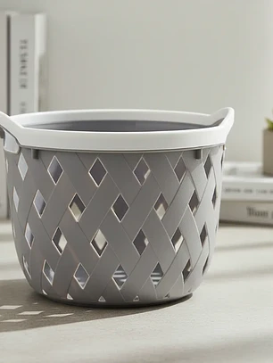 Cesto Canasto Plástico Redondo Tejido Gris 24x29.5cm Con Asas