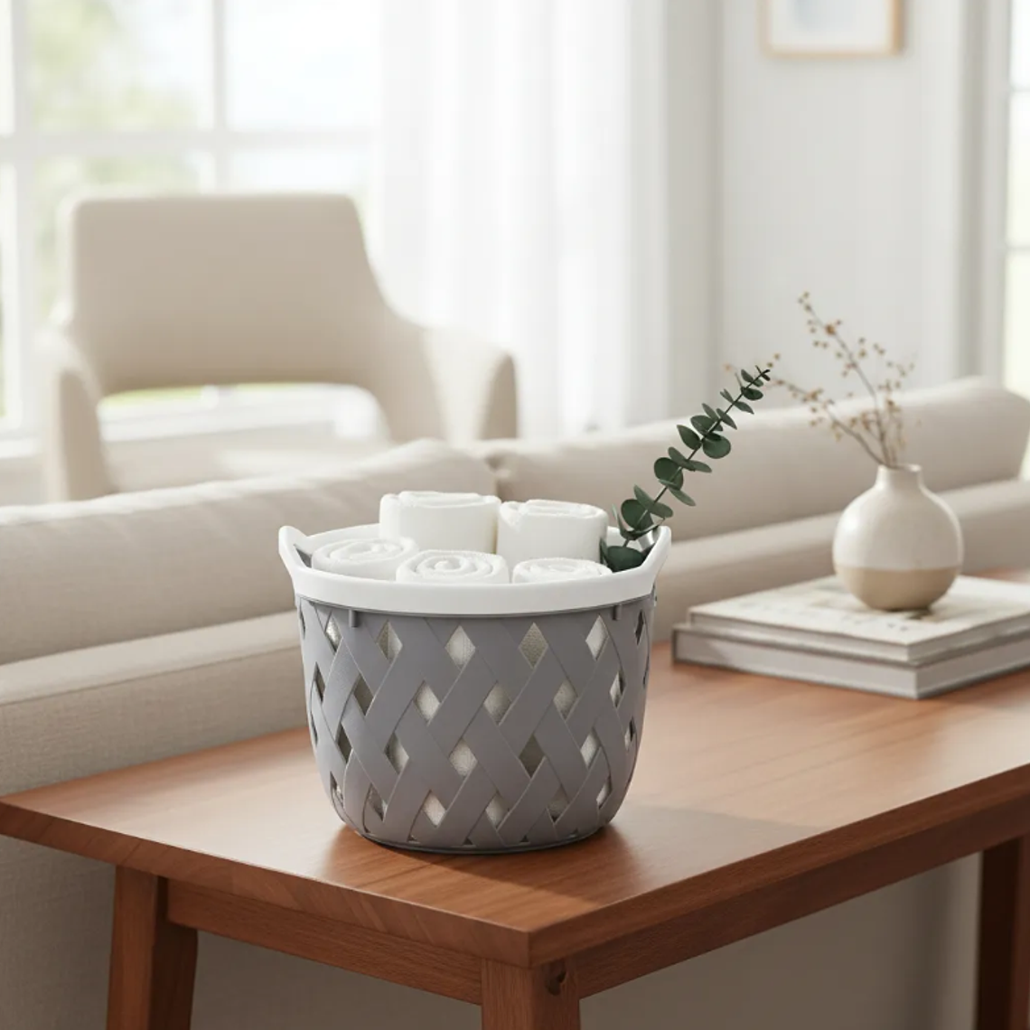 Cesto Canasto Plástico Redondo Tejido Gris 24x29.5cm Con Asas 4