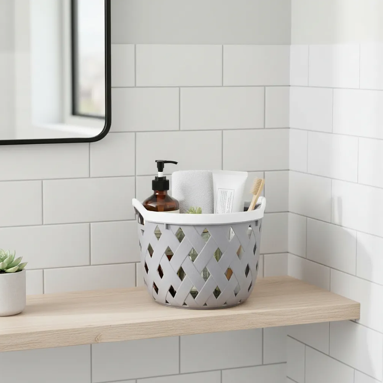 Cesto Canasto Plástico Redondo Tejido Gris 24x29.5cm Con Asas 5